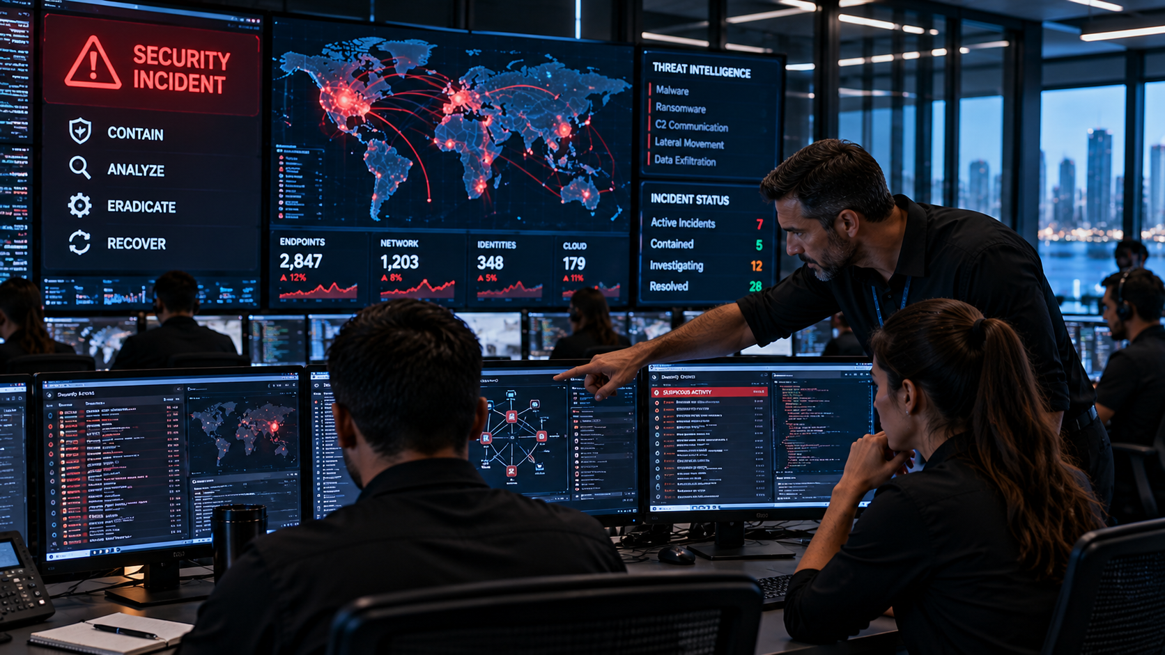 Security analysts investigating an incident using network and threat intelligence dashboards