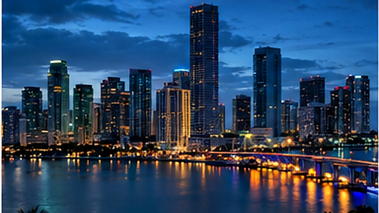 Miami skyline at blue hour reflected across the water