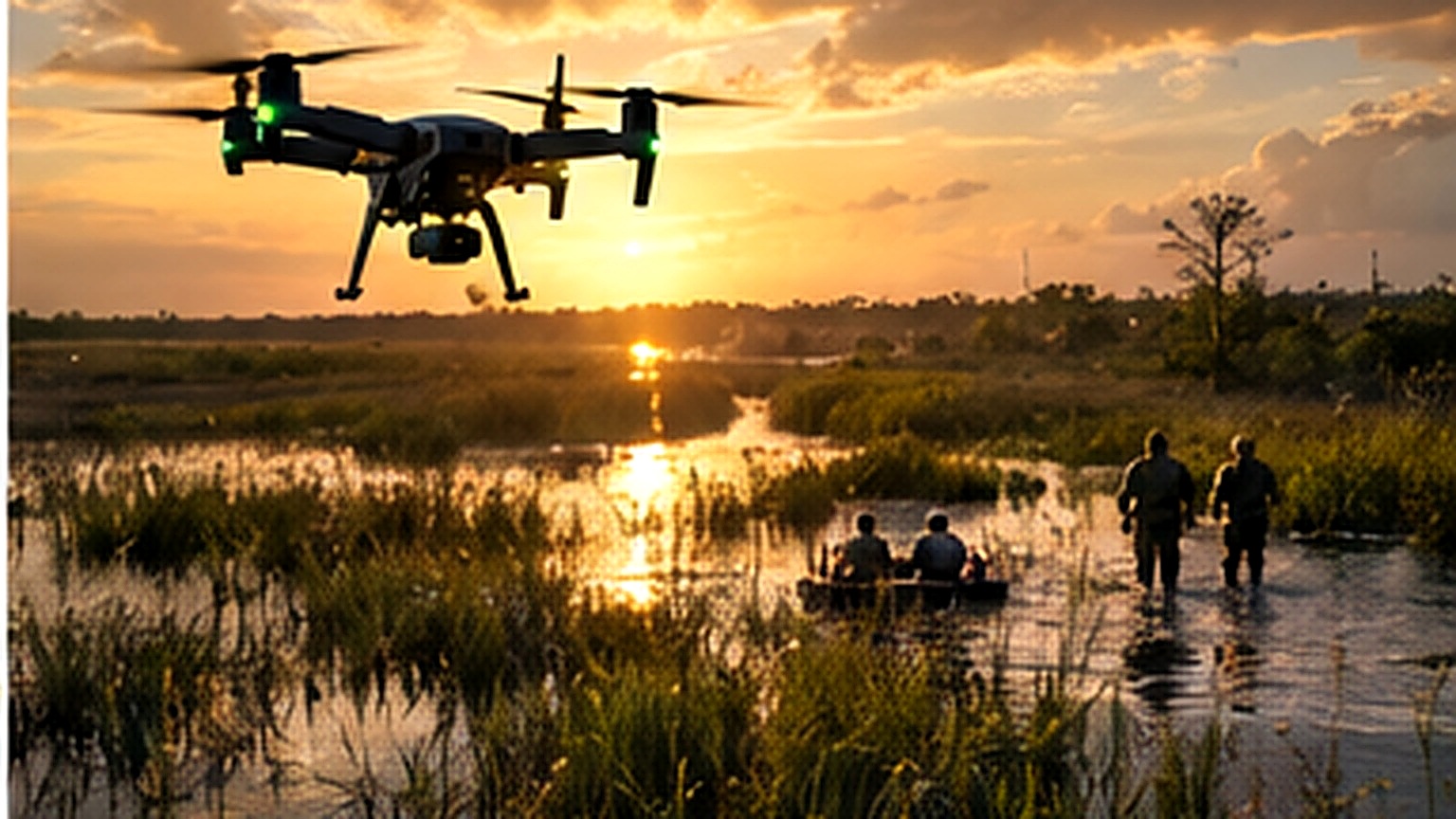 Rugged professional drone flying over a search and rescue operation in Florida wetlands at golden hour