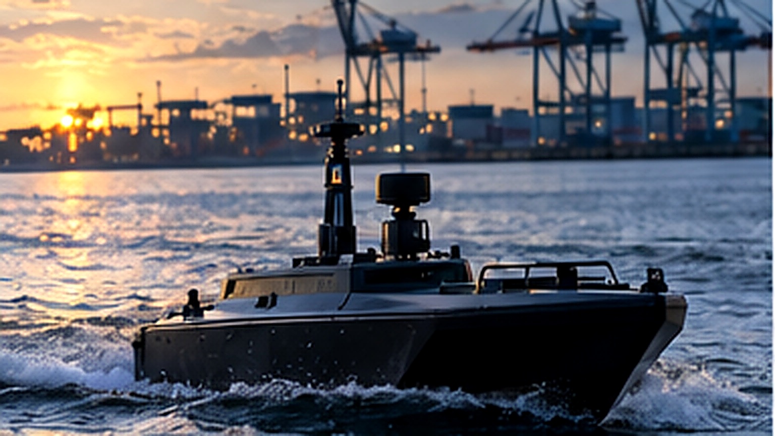 Unmanned surface vessel patrolling a Florida port at dawn with cargo cranes in the background