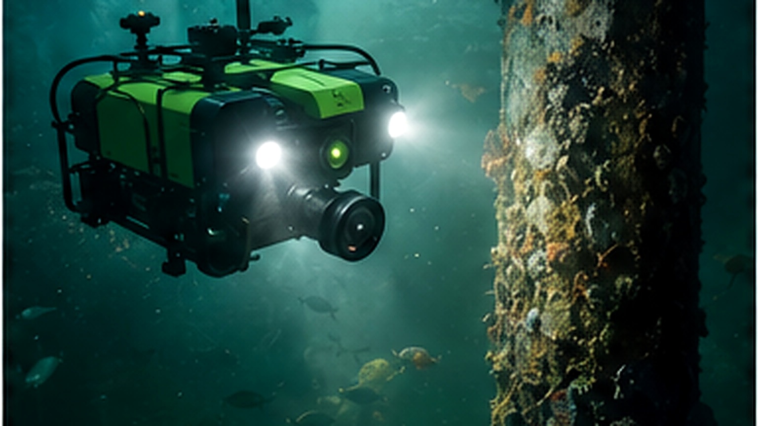 Compact underwater ROV inspecting a pier piling in murky green water with lights on