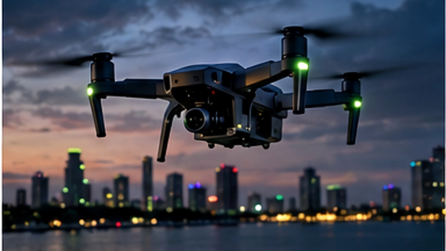 Professional unmanned aerial drone flying over a coastal Florida city at dusk